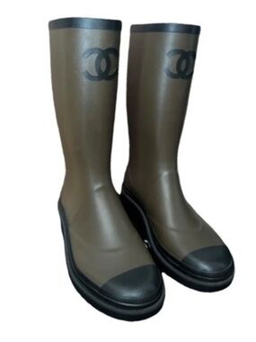 CHANEL Olive Green & Black CC Logo Rubber Rain Boots, Size 38